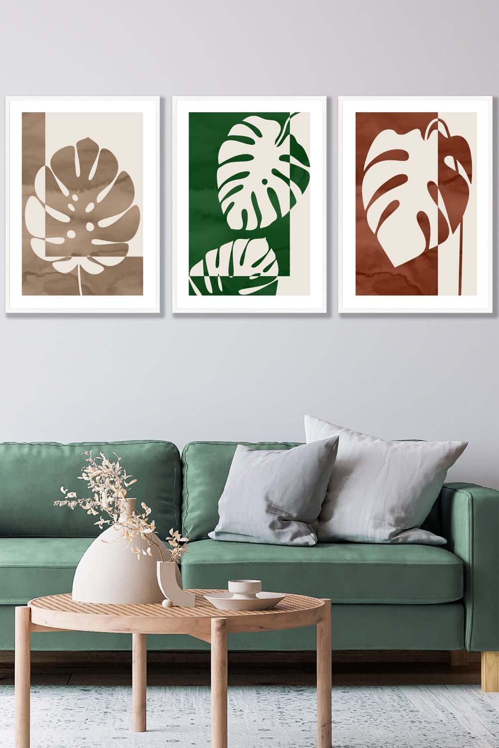 Set of 3 White Framed Mid Century Monstera in Beige and Green Wall Art